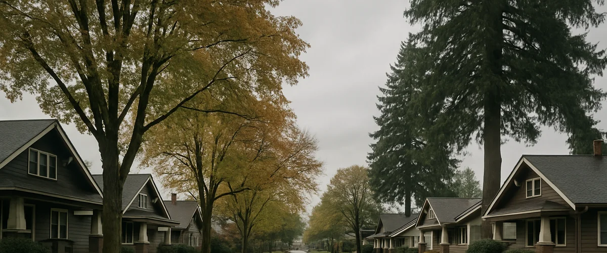 Rainy tree-lined street in Longview, WA