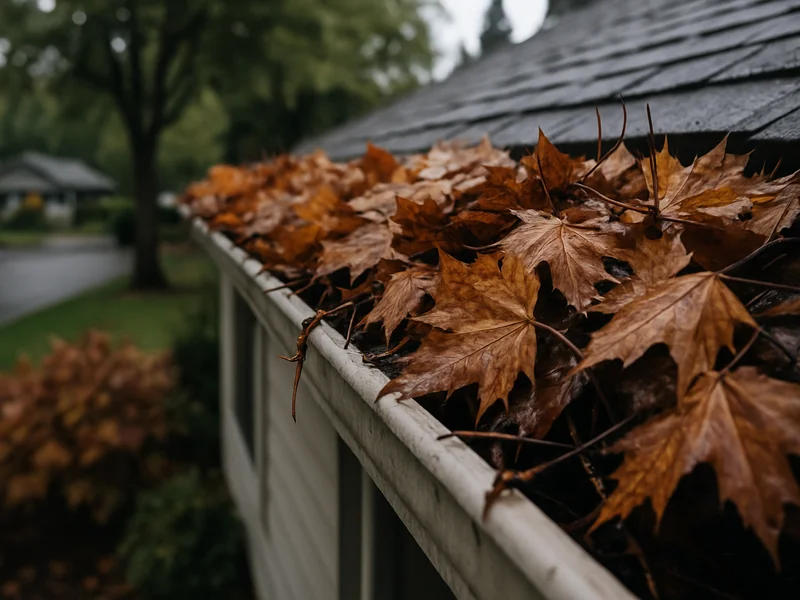 Clogged gutter full of wet leaves before cleaning near Longview, WA