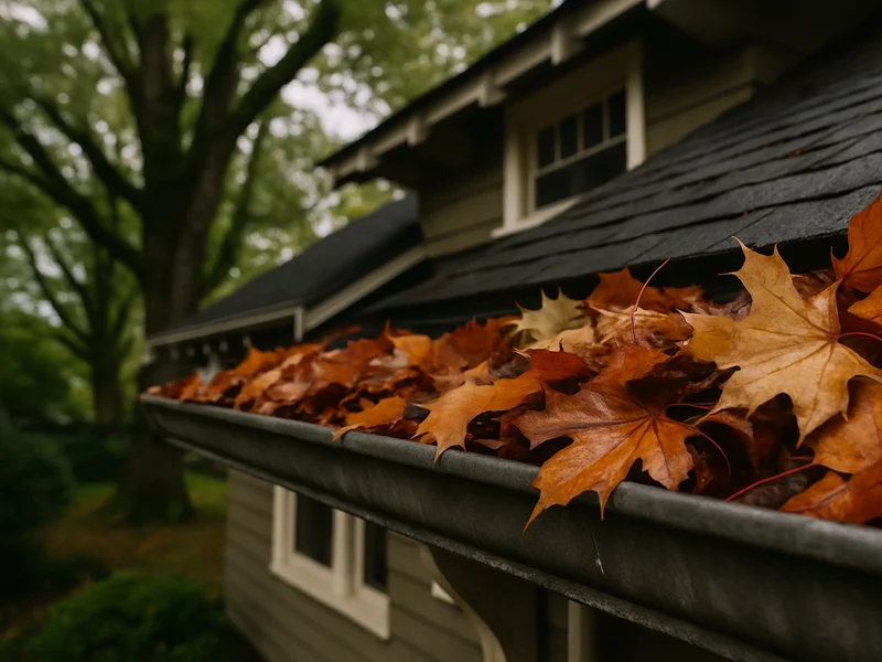 Clogged gutter full of leaves before cleaning in Longview, WA