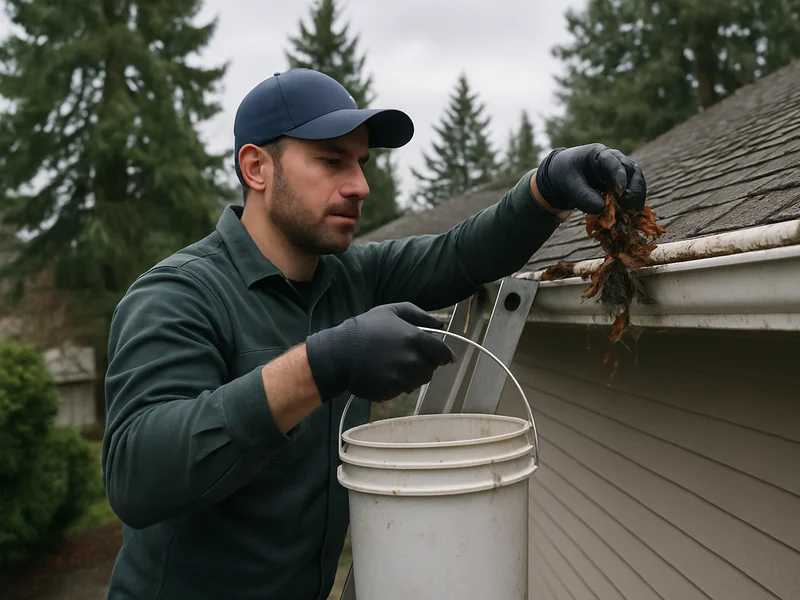 Technician removing leaves from a gutter by hand near Longview, WA