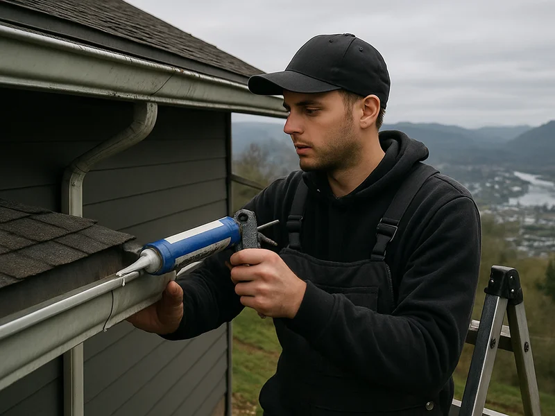 Technician repairing a gutter seam on a hillside home in Kelso, WA